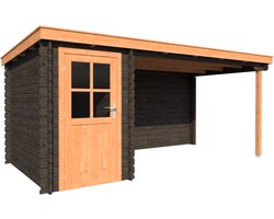 BlokhuttenOutlet.nl Blokhut met overkapping lessenaar dak 150 x 250 + 350cm in black wash met douglas wash