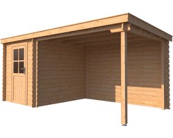 BlokhuttenOutlet.nl Blokhut met overkapping lessenaar dak 200 x 250 + 300cm
