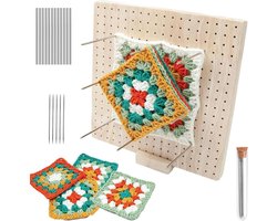 Blokkeerplank voor Haken & Breien - Houten Haakblokker 20x20 cm - 196 Gaten - Inclusief Houten Houder & 8 Stalen Stangen - Ideaal voor Granny Squares & Handwerken - Premium Handwerkbord