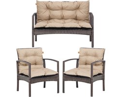 Blomster – Gewatteerde kussenset voor rotan tuinmeubelen – Waterafstotend – Set van 3 (2 stoelkussens + 1 bankkussen) – Beige
