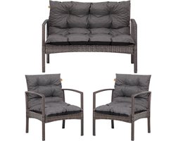 Blomster – Gewatteerde kussenset voor rotan tuinmeubelen – Waterafstotend – Set van 3 (2 stoelkussens + 1 bankkussen) – Donkergrijs