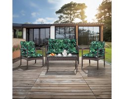 Blomster – Gewatteerde kussenset voor rotan tuinmeubelen – Waterafstotend – Set van 3 (2 stoelkussens + 1 bankkussen) – Zwart met groene bladeren