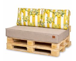 Blomster - Palletkussens 120x80 cm - Beige met citroenmotief gestreept - 3-delige set - Zitkussen en rugkussens voor tuin en balkon