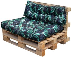 Blomster – Palletkussens set van 2 – Tuinkussens voor palletbank – Zitkussen 120x80x14 cm en Rugkussen 120x40x14 cm – Zwart met groene bladeren