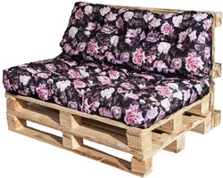 Blomster – Palletkussens set van 2 – Tuinkussens voor palletbank – Zitkussen 120x80x14 cm en Rugkussen 120x40x14 cm – Zwart met rozen