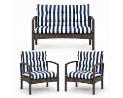 Blomster Tuinkussens voor tuinmeubelset, gewatteerde 3-delige kussenset, waterafstotende kussens voor stoelen en tuinbank, compleet voor balkon, terras en tuin, marineblauw gestreept