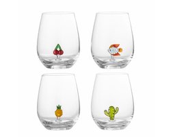 Bloomingville Misa Drinkglazen – set van 4 mondgeblazen glazen met cactus, kers, vis en ananas