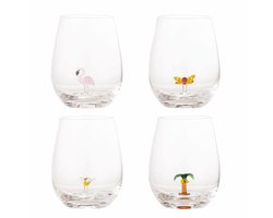 Bloomingville Misa Drinkglazen – set van 4 mondgeblazen glazen met flamingo, palmboom, vlinder en bloem