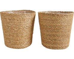Bloomique - Gevlochten Plantenpot Maki - Set van 2 Potten - Beige - Zeegras - Mand voor Planten - Binnen en Buiten - H22x Ø21