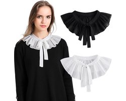 Blousekraag Dames - 2 Stuks - Blouse Kraagje - Overhemdkraag - Losse Kraag - Ruches - Chiffon - Vlinderdas - Overhemd Vervanging - Blouse - Kan Gebruikt Worden Als Versiering Voor Jurken, Truien, Jassen, Uniformen - Zwart, Wit