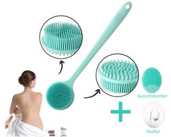 Blubs® – Badborstel – Dry brush – Rug Scrubber – Lichaamsborstel – Rugborstel douche met steel – Huidborstel – doucheborstel – bad- & doucheaccessoires – Badborstel met steel – Doucheborstel rugborstel – Siliconen borstel – Massage – Cyaan