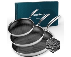 Blue Liberty Pannenset 3 delig - 20, 24 & 28 cm – Hybrid Honingraat Pannen – Keramisch & PFAS-vrij RVS Koekenpan - Geschikt voor Inductie, Gas, Oven & Vaatwasser