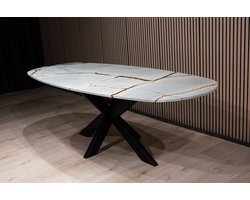 Blue Roma kwartsiet eettafel Deens ovaal 240x100 cm - luxe natuurstenen tafel - marmer design - grote eettafel voor 8-10 personen - duurzaam - blauwgrijze tafel met gouden accenten -moderne ovale eetkamertafel-uniek kwartsiet meubel