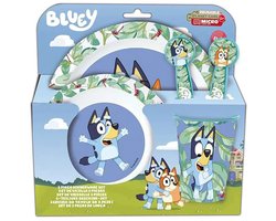 Bluey Kinderservies - 5-delig - Herbruikbaar - Inclusief bord, kom, bestek en beker - Vaatwasser- en microgolfbestendig & BPA-vrij - Wit/Blauw