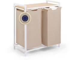 Blumtal Wasmand met 2 vakken - Wasmand met bamboe plank - Metalen frame - Wasmand met poten - Wit en creme