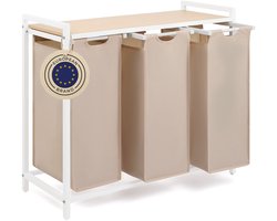 Blumtal Wasmand met 3 vakken - Wasmand met bamboe plank - Metalen frame - Wasmand met poten - Wit en creme