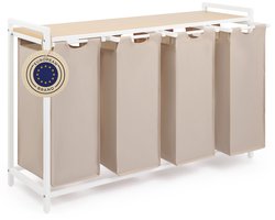 Blumtal Wasmand met 4 vakken - Wasmand met bamboe plank - Metalen frame - Wasmand met poten - Wit en creme