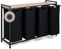 Blumtal Wasmand met 4 vakken - Wasmand met bamboe plank - Metalen frame - Wasmand met poten - Zwart