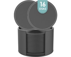 b'Luxe Leren Onderzetters met Houder - 16 stuks - Onderleggers voor Glazen - Glasonderzetters voor op Tafel - Coasters - Zwart - Rond'