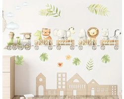 Bo & Mila - Muursticker Kinderkamer - Babykamer - Jungle Safari Dieren Trein - Aquarel Cartoon - 108x52cm - Jongen - Meisje