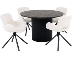 Boavista eethoek eetkamertafel Ø120cm donker bruin en 4 Amorim stoel offwhite.