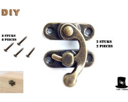 Bob Online ™ - 2 Stuks - Bronsen – Antieke Rechts Klink Haak Hasp Hoorn Slotjes – Hout Sieraden Doos Klink Haak Sluiting – Metalen Kistslotjes – Antique Horn Lock – Horn Clasp Hook – Wooden Box Accessory – Meubelbeslag voor Kisten, Wijnkratten enz