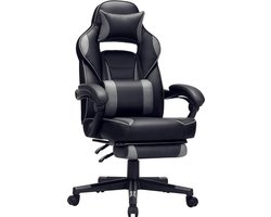 Bobbel Home Gaming chair, bureaustoel met voetsteun, bureaustoel met hoofdsteun en lendenkussen, in hoogte verstelbaar, ergonomisch, 90-135° kantelhoek, tot 150 kg draagvermogen, zwart-grijs OBG073B03