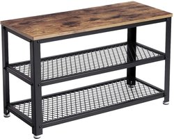 Bobbel Home Schoenenrek Industrieel – schoenenbank met zitvlak – metalen schoenenkast – 2-laags schoenenrek hout-zwart – hal bankje – 6-8 paar schoenen – 73 x 30 x 45 cm