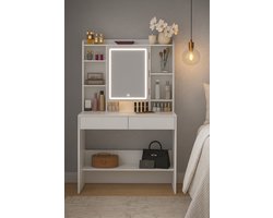 Bobbel Home - Witte Kaptafel met LED Spiegel – Moderne Make-up Tafel met 2 Laden en Opbergplanken