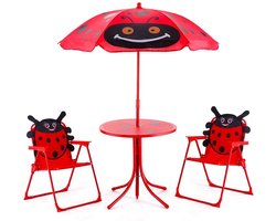 Bobby's Kinderen Tuinset - Kindermeubels - Kindertafel - Rood - Parasol - 2 Kinderstoelen - Inklapbaar - Lieveheersbeestje - ⌀ 50