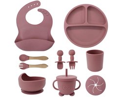 BOECK - Kinderservies - Babyservies - Serviesset met o.a. slabbetje, bord met zuignap en deksel, drinkbeker en kinderbestek | Siliconen | Magnetron-, Oven- & Vaatwasserbestendig | Kraamcadeau | 9-delig | Donker roze | Dark Pink