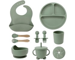 BOECK - Kinderservies - Babyservies - Serviesset met o.a. slabbetje, bord met zuignap en deksel, drinkbeker en kinderbestek | Siliconen | Magnetron-, Oven- & Vaatwasserbestendig | Kraamcadeau | 9-delig | Green | Groen