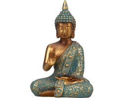 Boeddha beeld Shaman - binnen/buiten - kunststeen - goud/jade - 10 x 14 cm