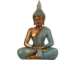 Boeddha beeld Shaman - binnen/buiten - kunststeen - goud/jade - 17 x 25 cm