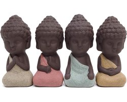 Boeddha Beeldjes - Monnik Sculpturen - Woondecoratie - Handgemaakt en Solide - 4 Delige Set - Multicolor
