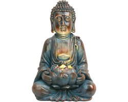 Boeddha-figuur, 32 cm, tuin, zonnelamp, hars, zittend Budda beeld, tuinfiguur, vorstbestendig, weerbestendig en vorstbestendig, Feng Shui sculptuur, tuindecoratie, standbeeld voor