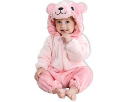 BoefieBoef Dieren Baby Onesie Peuter Pyjama Kinderen 6 maanden tot 2 jaar – Beer Roze – Verkleedkleding met Luierrits – Carnaval Dierenpak - Kerst en Kraamcadeau Tip – Zacht Flanel - Romper - Boxpak - Jongens - Meisjes - Kruippak - Winterpak - Bear