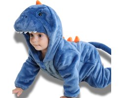 BoefieBoef Dieren Baby Onesie Peuter Pyjama Kinderen 6 maanden tot 2 jaar – Dinosaurus – Verkleedkleding met Luierrits – Carnaval Dierenpak - Kerst en Kraamcadeau - Zacht Flanel - Romper - Boxpak - Jongens - Meisjes - Kruippak - Winterpak - blauw