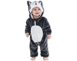 BoefieBoef Dieren Baby Onesie Peuter Pyjama Kinderen 6 maanden tot 2 jaar – Wolf – Verkleedkleding met Luierrits – Carnaval Dierenpak - Kerst en Kraamcadeau Tip – Zacht Flanel - Romper - Boxpak - Jongens - Meisjes - Kruippak - Winterpak - Grijs