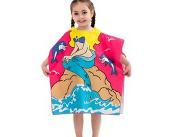 BoefieBoef Kinder Badponcho - Baby Badcape - Microfiber Kleuter Badjas Met Capuchon - Kerst Cadeau - Peuter Strandponcho Voor Kinderen tot 6 jaar - 60x90cm - Roze Dolfijn Zeemeermin - meisje - Peuter - Zomer - Strandlaken - Surfponcho - Dreumes