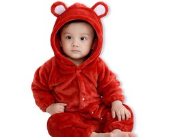 BoefieBoef Rood Baby Berenpak 0-12 maanden – Zacht Flanel Winterpak - Warme Winter Onesie - Baby Romper met Beren Capuchon - Baby Jumpsuit voor Kinderen - Boxpakje - Pyjama voor Jongens en Meisjes – Kerst cadeau of Kraamcadeau - 1 jaar S