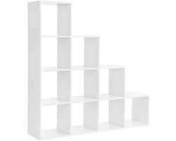 Boekenkast 129.5x29x129.5cm Wit Hout Woonkamer Slaapkamer Studiekamer Met 10 Open Vakken Vrijstaand Roomdivider Geschikt Voor Display En Opslag