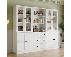 Boekenkast 180x180x39,9 cm – Vitrinekast met Glazen Deuren en Lades – Hoge Kast met 11 Planken en 5 Verdiepingen – Buffetkast / Opbergkast voor Woonkamer, Keuken en Kantoor – Wit – Furnitureland