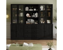 Boekenkast 180x180x39,9 cm – Vitrinekast met Glazen Deuren en Lades – Hoge Kast met 5 Verdiepingen en 11 Planken – Buffetkast / Opbergkast voor Woonkamer, Keuken en Kantoor – Zwart – Furnitureland