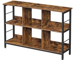 Boekenkast 33x120x80 cm Bruin + Zwart, 6-Vaks Opbergrek, TV-Meubel, Plantenrek, Bijzettafel, Industrieel Design, Metalen Frame, Spaanplaat, Vrijstaand Rek voor Woonkamer, Slaapkamer en Kantoor
