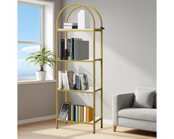 Boekenkast 4 Lagen met Boogvormige Bovenkant - 60x30x183cm - Smal Hoog - Displaykast Vrijstaand - Boekenplank - Metalen Frame - Voor Woonkamer Slaapkamer Kantoor - Wit + Goud