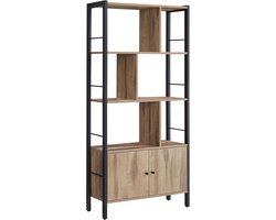 Boekenkast, 4 niveaus, opbergkast, met deuren, groot, stalen frame, voor woonkamer, kantoor, slaapkamer, industriële stijl, bruin/zwart LBC022B01