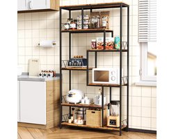 Boekenkast – 5-Laags Opbergrek – Industrieel Wandrek 180 cm – Retro Houten Planken & Zwart Metalen Frame – Open Kast – Stevig Staand Boekenrek voor Woonkamer, Kantoor, Hal of Keuken