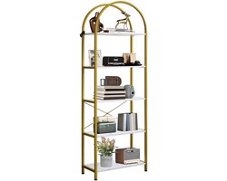 Boekenkast 5 Lagen met Boogvormige Bovenkant - 60x28x180cm - Smal Hoog - Displaykast Vrijstaand - Boekenplank - Metalen Frame - Voor Woonkamer Slaapkamer Kantoor - Wit + Goud