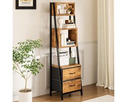 Boekenkast 5 Planken met 2 Stoffen Laden – Smalle Retro Boekenkast voor Slaapkamer, Kantoor, Woonkamer & Keuken, 39x28,5x157 cm